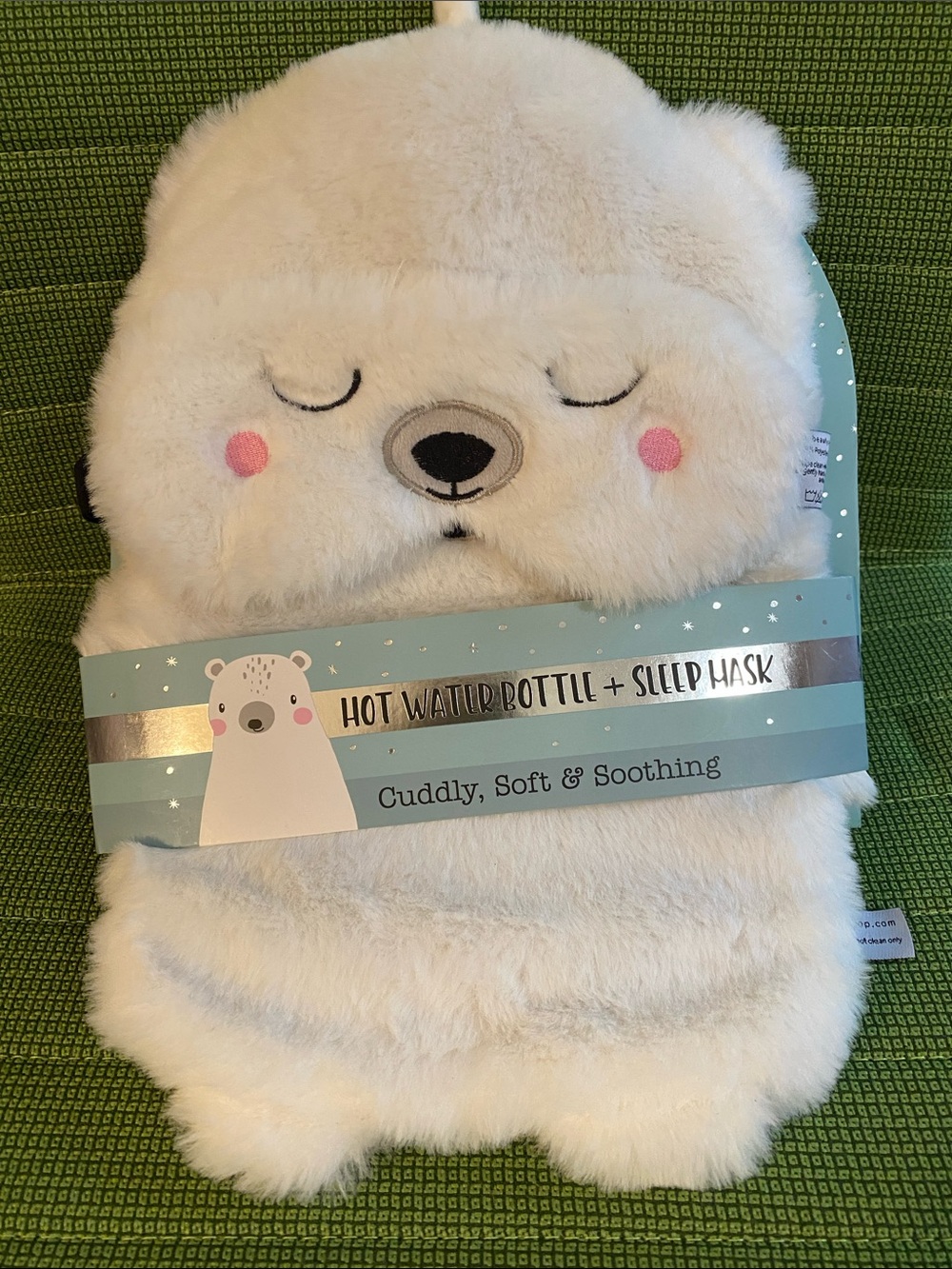 Plush White Polar Bear Hot Water Bottle & Pink-Cheek Sleep Mask